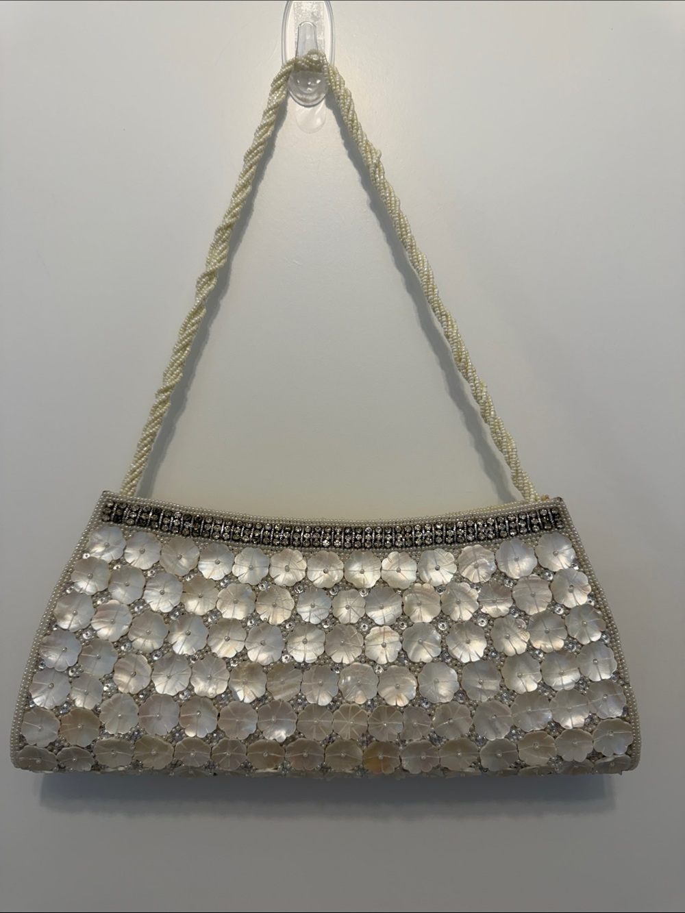 Vintage Inspired Ivory Shell Flower Appluqued Evening Clutch with Beaded Strap